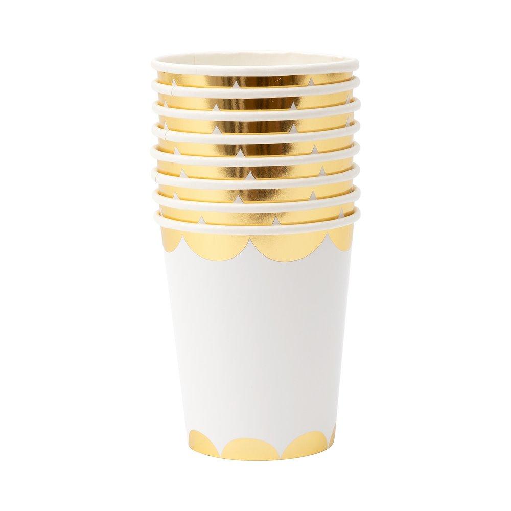 8 White Paper Cups With Gold Trim